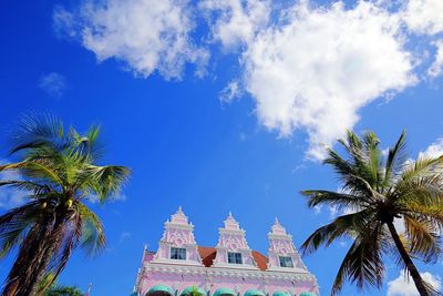 Low angle view of palm trees against blue sky