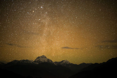 Scenic view of mountains against sky at night