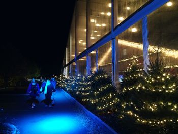 People walking on illuminated bridge at night