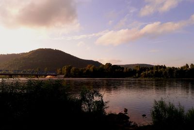 Scenic view of lake against cloudy sky