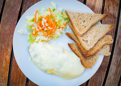 High angle view of food in plate on table