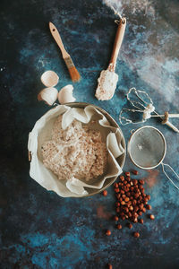 High angle view of breakfast on table