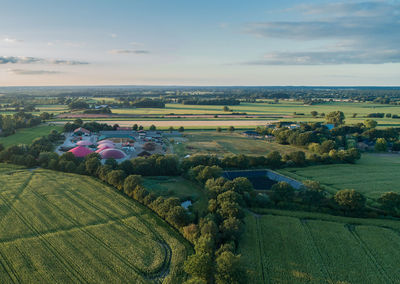 High angle view of agricultural field against sky