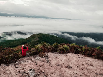 Rear view of man looking at mountain against sky