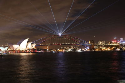 Illuminated bridge over river at night