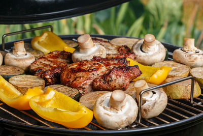 High angle view of food on barbecue grill