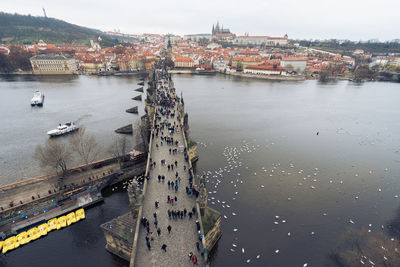 Aerial view of river and cityscape against sky