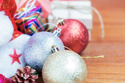 Close-up of christmas decorations on table