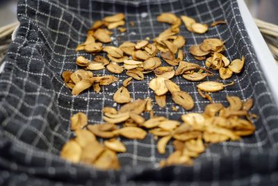 High angle view of dry vegetables on table