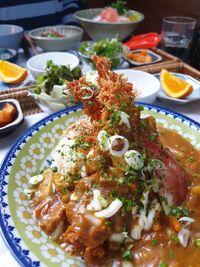 High angle view of food served in plate