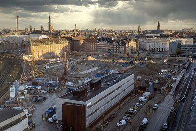 Morning view of the copenhagen city skyline from an elevated vantage point. 