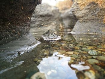 Surface level of water flowing through rocks