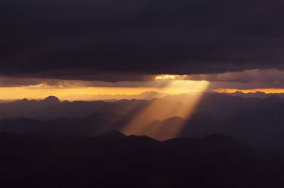 Scenic view of silhouette mountains against sky during sunset