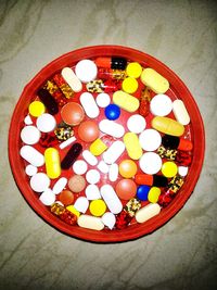 High angle view of candies on table