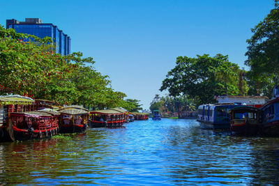 Busy indian water canal with a lot of traditional water boats 