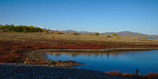 Scenic view of lake against clear blue sky