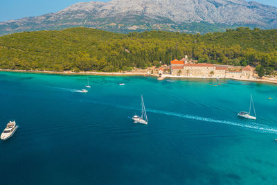 High angle view of boats in sea