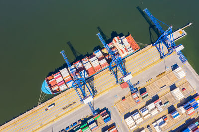 Aerial top view container cargo ship, in import export business logistic and transportation 