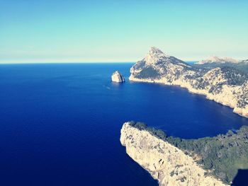 Panoramic view of sea against clear blue sky