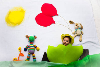 High angle view of toys on table at home