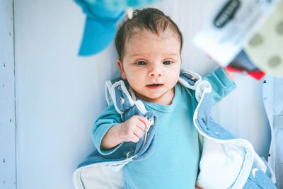 Cute baby girl on sofa