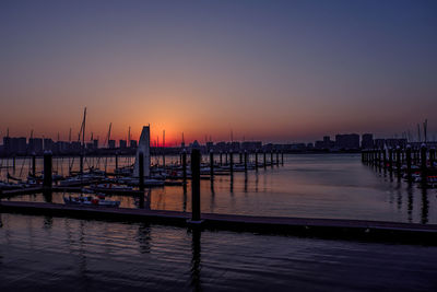 Scenic view of sea against clear sky at sunset