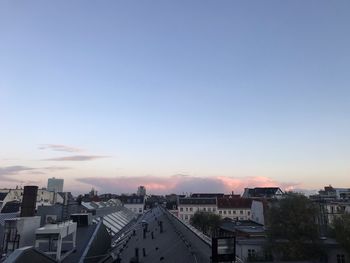 High angle view of buildings against clear sky