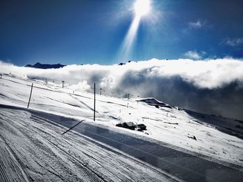 Scenic view of snow covered mountain against sky