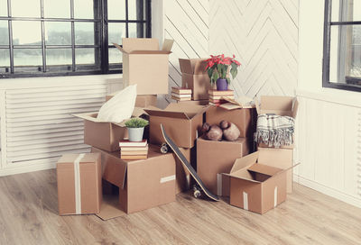 Moving home. cardboard boxes on the floor