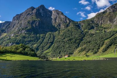 Scenic view of lake and mountains against sky