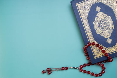 High angle view of book on table