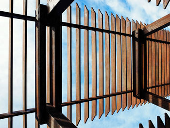 Low angle view of metal fence against sky