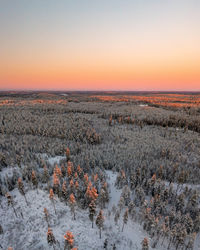 Sunset over snow covered trees during winter from drone perspective, otalampi, espoo, vihti, finland