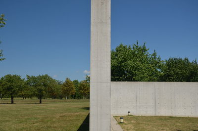 Trees on grassy field against blue sky