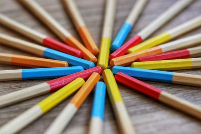 High angle view of pencils on table