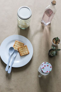 High angle view of breakfast on table