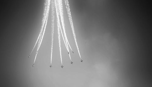Low angle view of airplanes flying against clear sky