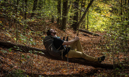 Man sitting on tree trunk in forest