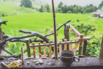 Coffee cup on table by field