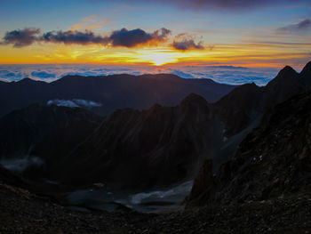 Scenic view of mountains against sky during sunset