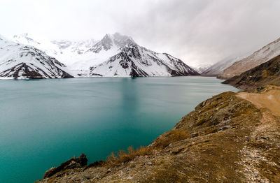 Scenic view of snowcapped mountains against sky