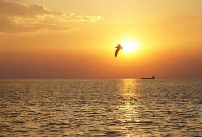 Silhouette of man in sea against sky during sunset