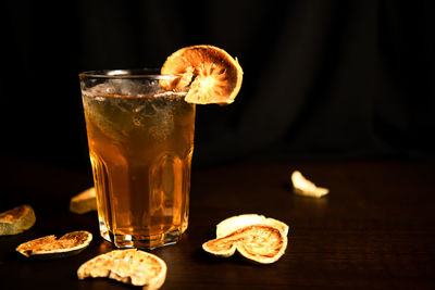 Close-up of beer glass on table