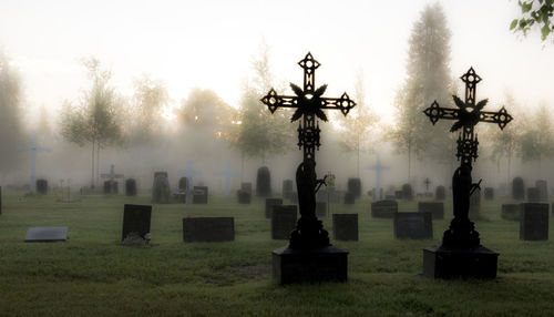 Trees in cemetery against sky