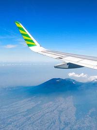 Aerial view of airplane flying over blue sky