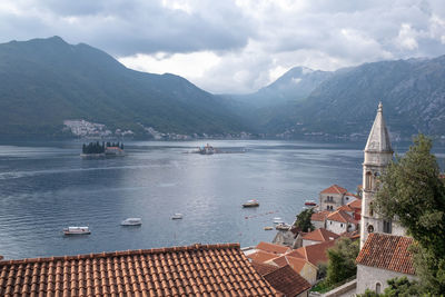 High angle view of townscape by lake against sky