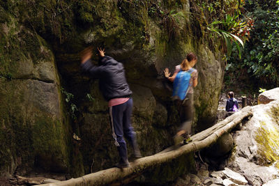 Rear view of men walking on rocks in forest