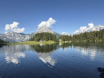 Scenic view of lake and mountains against sky