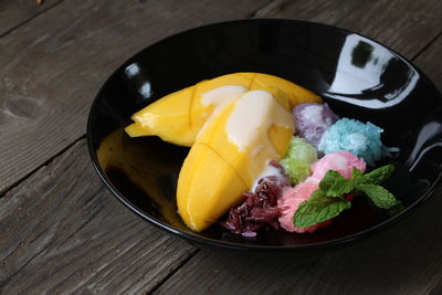 High angle view of breakfast served on table