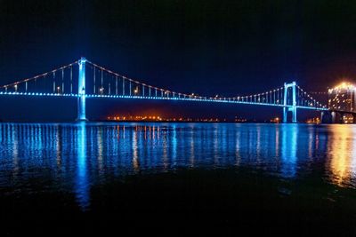 Illuminated suspension bridge over river at night
